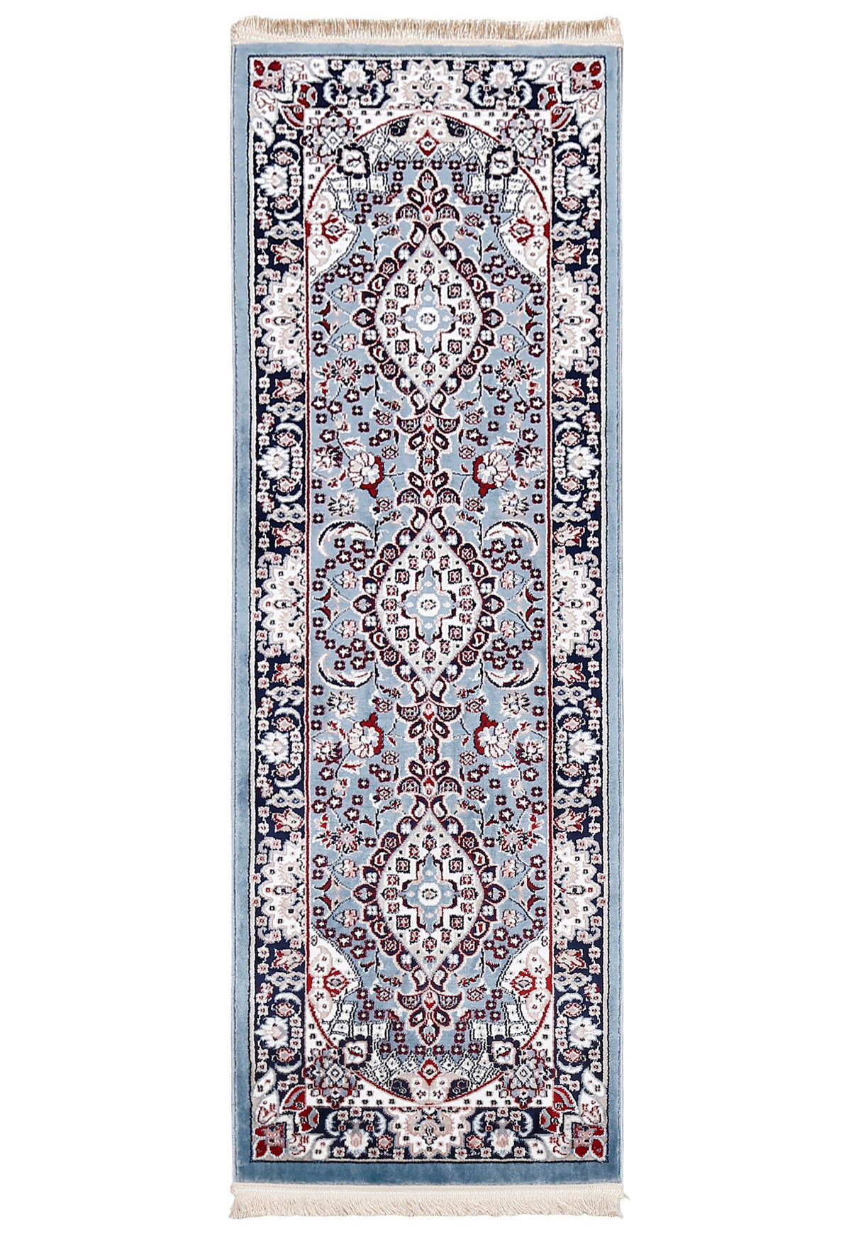 Full view of Sky Blue Machine Woven Classic Art Silk Runner Rug with triple floral medallions and navy ornamental border