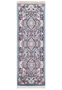 Full view of Sky Blue Machine Woven Classic Art Silk Runner Rug with triple floral medallions and navy ornamental border
