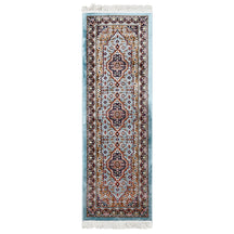Full view of Sky Blue Machine Woven Classic Art Silk Runner Rug with three geometric medallions and dark ornamental border