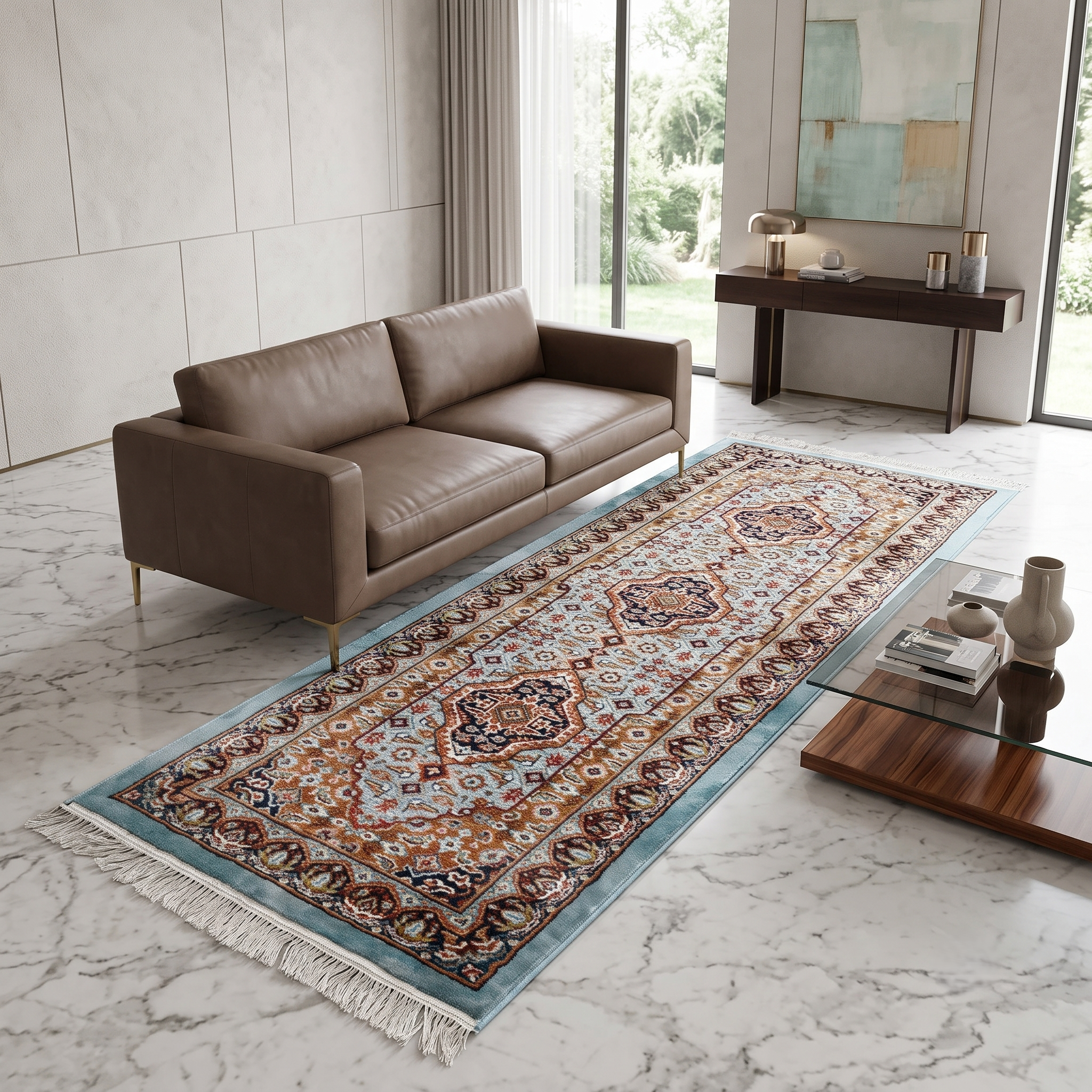 Sky Blue Triple Medallion Machine Woven Classic Art Silk Runner Rug styled in an elegant hallway by Khushi Living