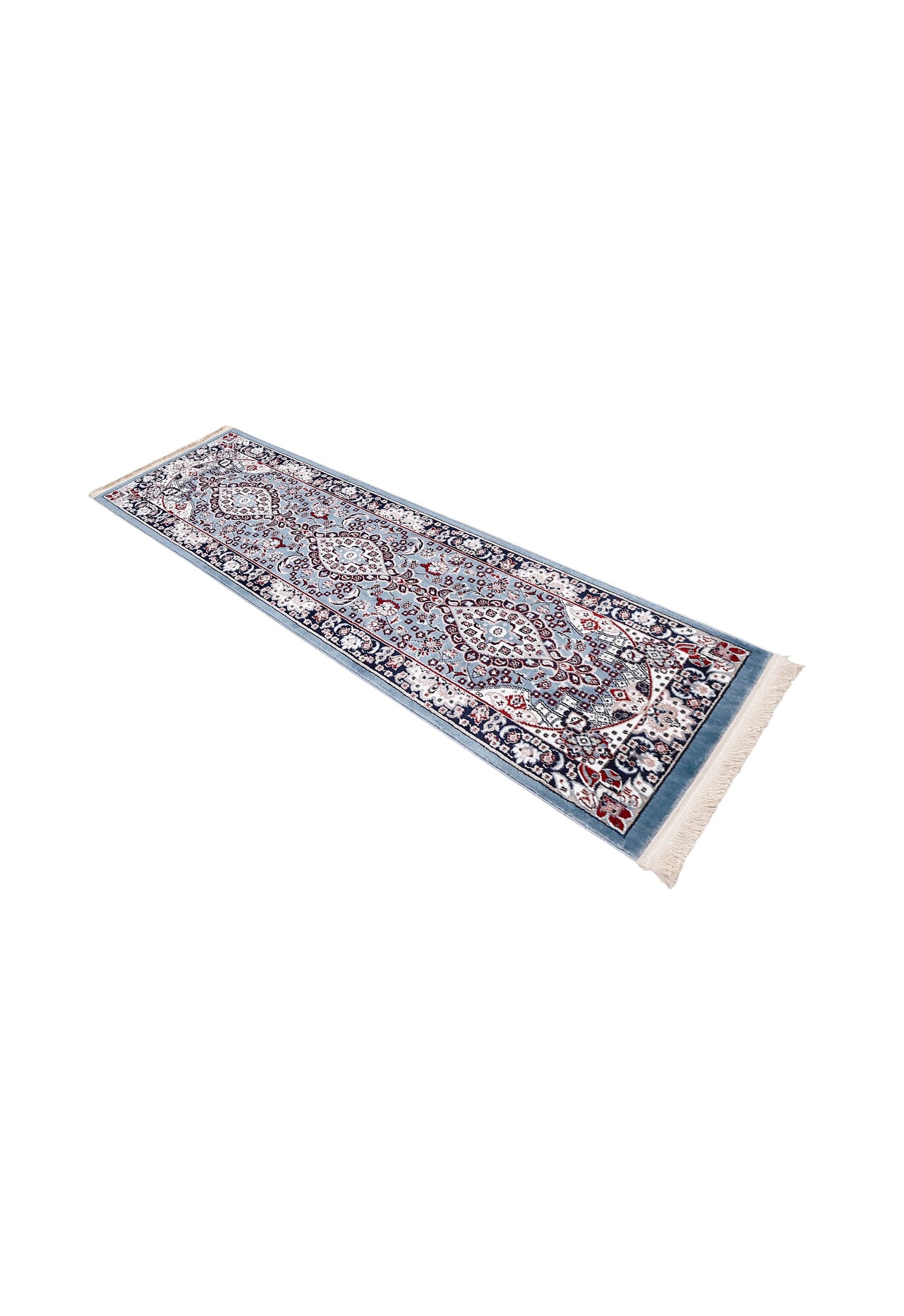Side angle view of Sky Blue Triple Medallion Machine Woven Classic Art Silk Runner Rug by Khushi Living