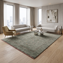 Slate grey Hand Woven Loom Lori wool rug with scattered tribal motifs and rust-brown zigzag border styled in a contemporary living room