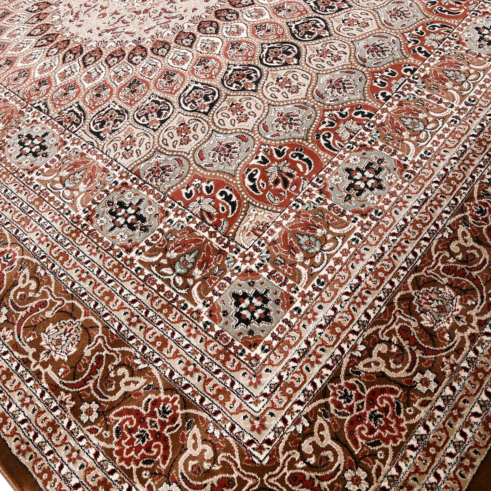 Close-up texture of Taupe Machine Woven Classic Art Silk Rug showing floral medallion motifs and smooth Art Silk surface