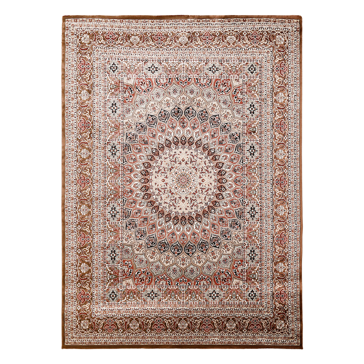Full view of Taupe Machine Woven Classic Art Silk Rug with intricate floral medallion and ornamental border