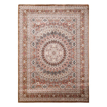 Full view of Taupe Machine Woven Classic Art Silk Rug with intricate floral medallion and ornamental border