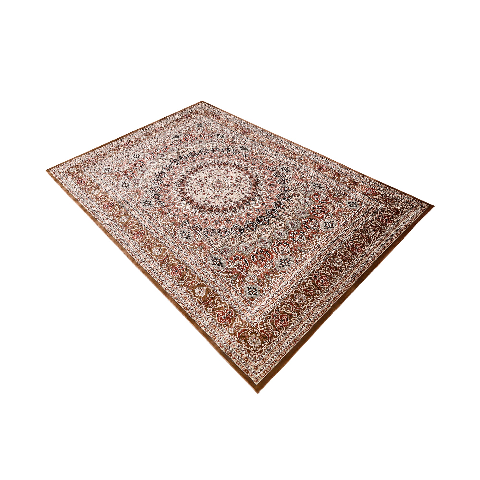Side angle view of Taupe Floral Medallion Machine Woven Classic Art Silk Rug by Khushi Living