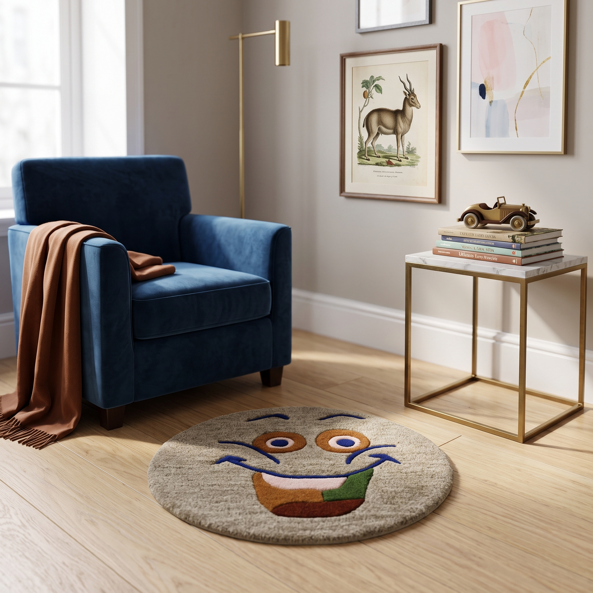 Taupe smiley face hand tufted wool kids rug styled in a playful children's bedroom with modern furniture and colourful decor.