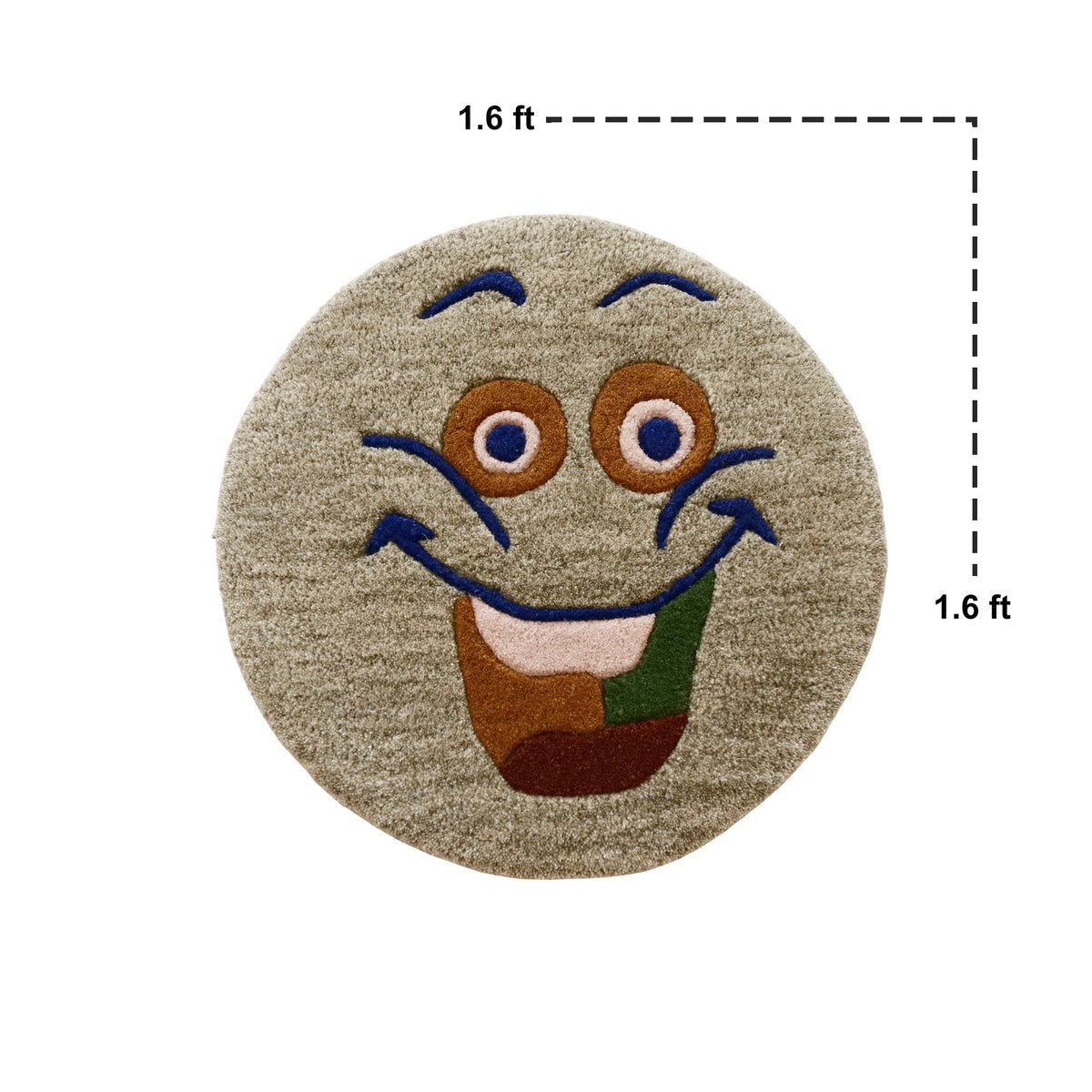 Close-up of taupe smiley face hand tufted wool kids rug highlighting its soft plush texture and raised colourful facial details.