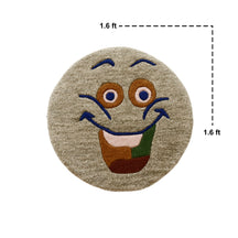 Close-up of taupe smiley face hand tufted wool kids rug highlighting its soft plush texture and raised colourful facial details.