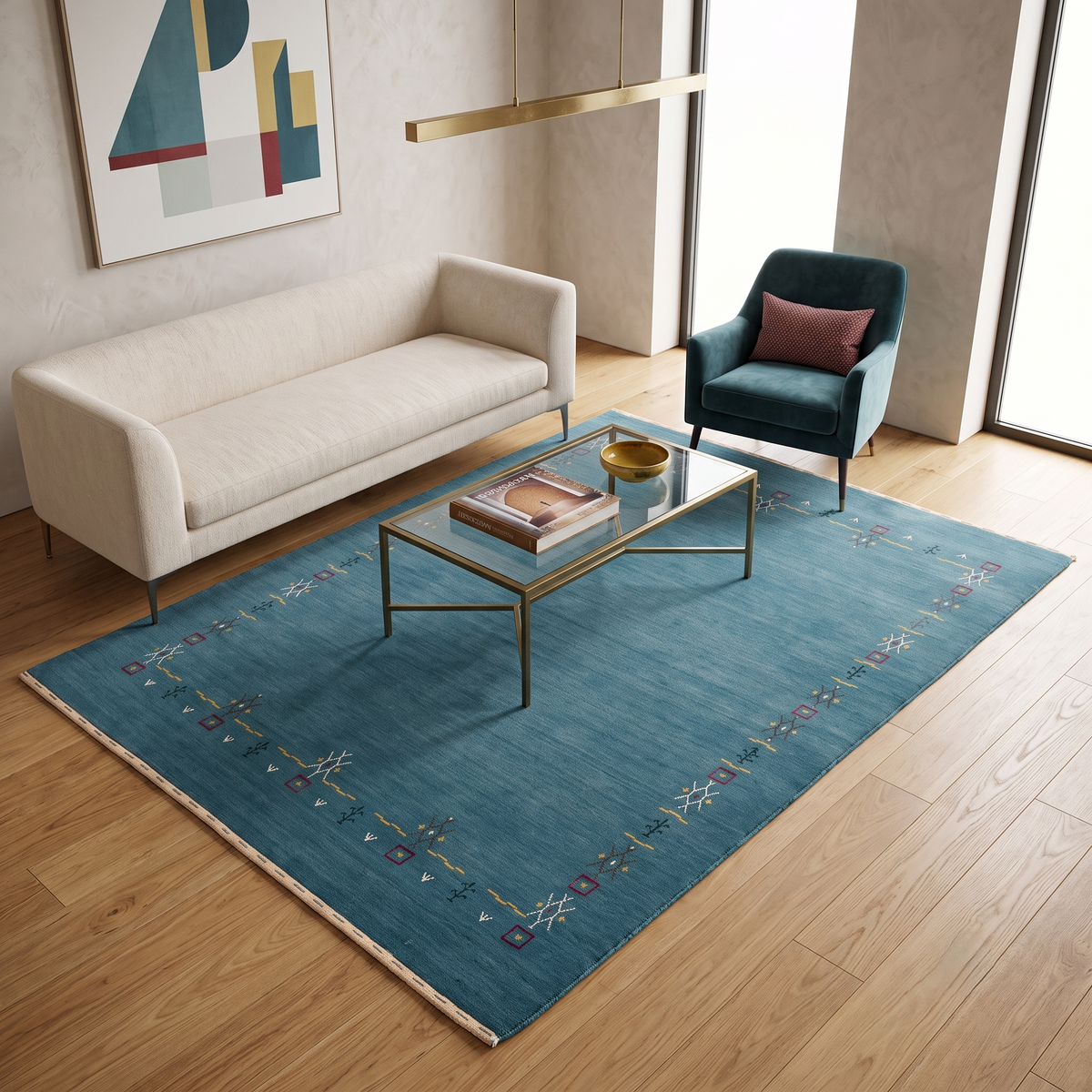 Teal blue Hand Woven Loom Lori wool rug with minimal tribal border styled in an elegant contemporary living room