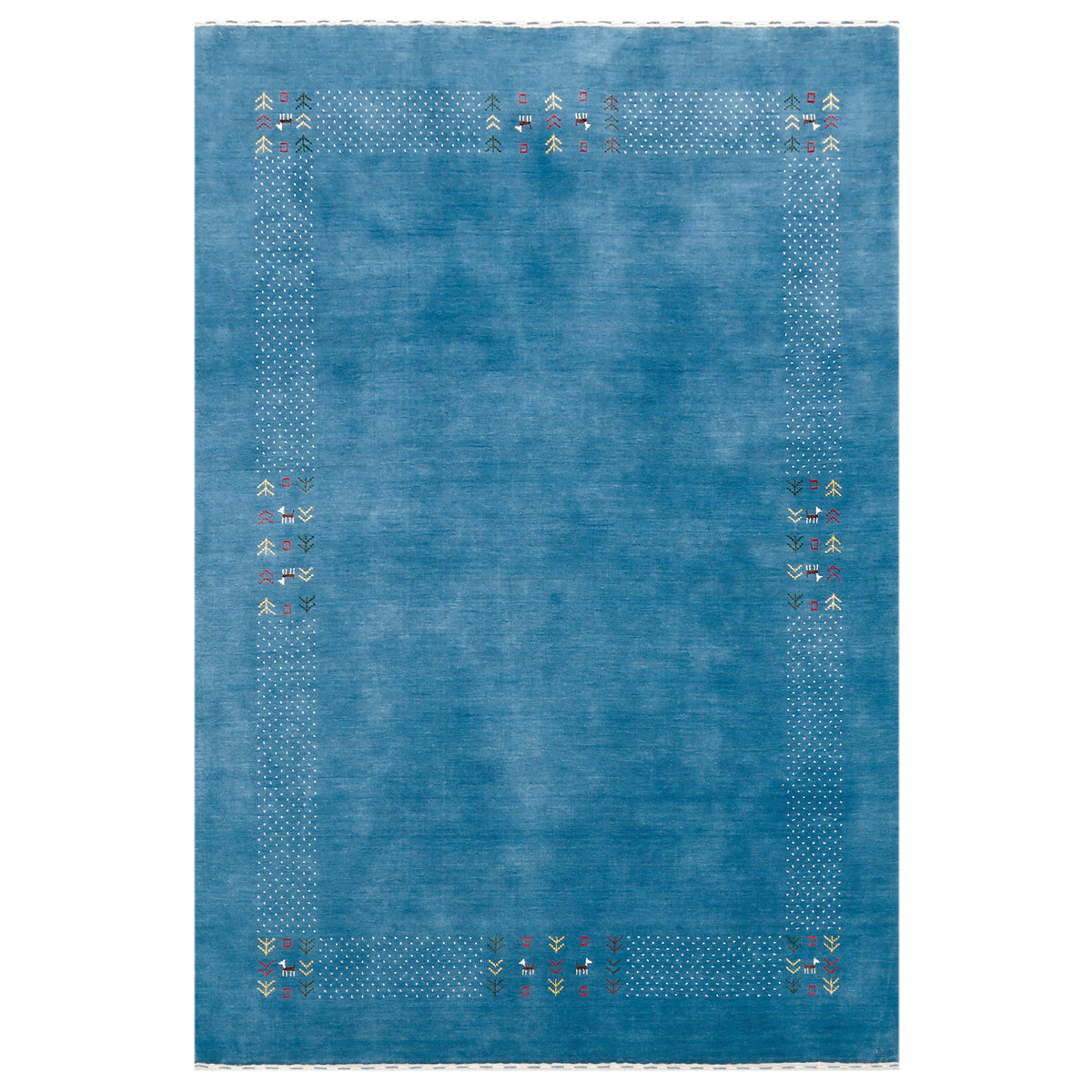 Full view of ocean blue Hand Woven Loom Lori wool rug with spacious centre and multicolour dotted tribal folk border