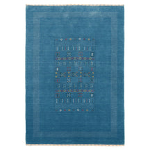 Full view of teal blue Hand Woven Loom Lori wool rug with multicolour tribal geometric motifs and decorative border