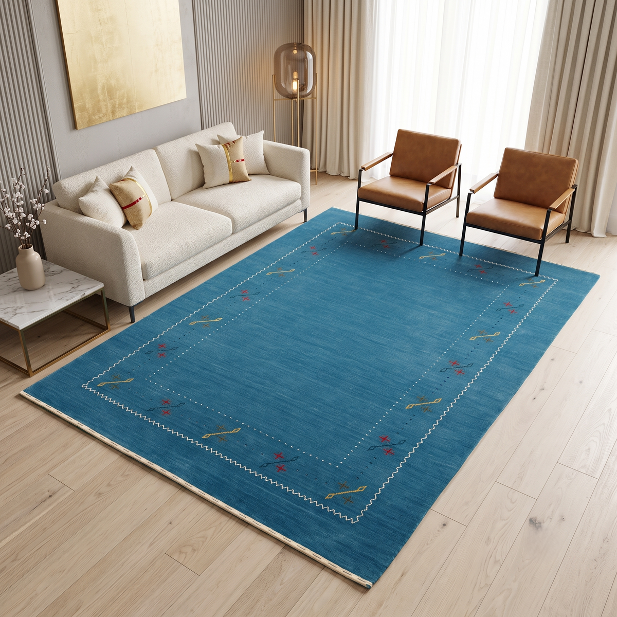 Teal blue Hand Woven Loom Lori wool rug with minimal floral border design styled in an elegant contemporary living room