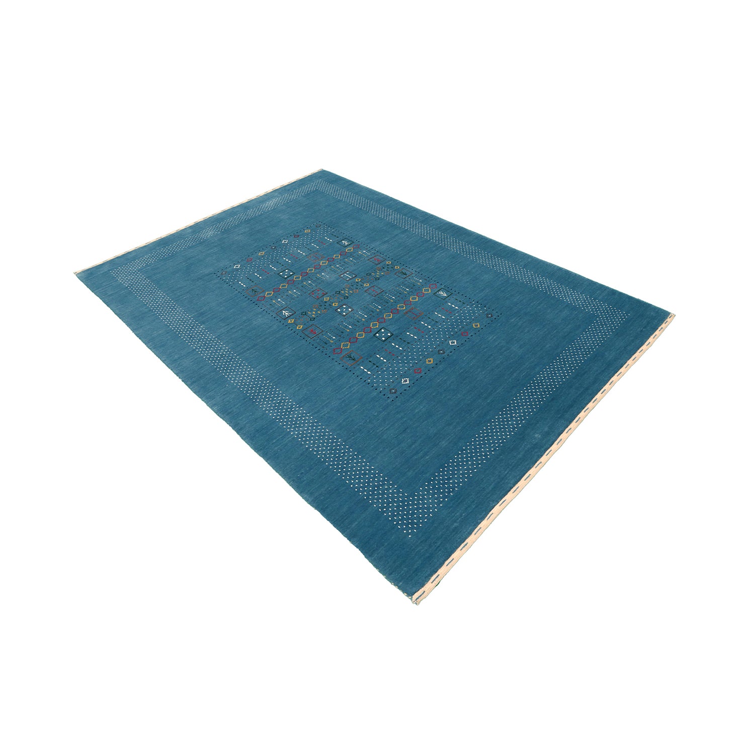 Side angle view of teal blue Hand Woven Loom Lori wool rug highlighting wool texture, tribal pattern and handmade finish