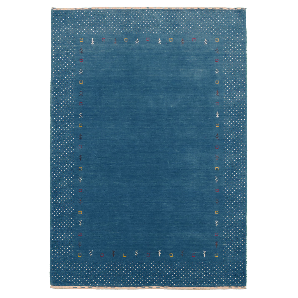 Full view of teal blue Hand Woven Loom Lori wool rug with spacious centre, multicolour tribal symbols and broad dotted border