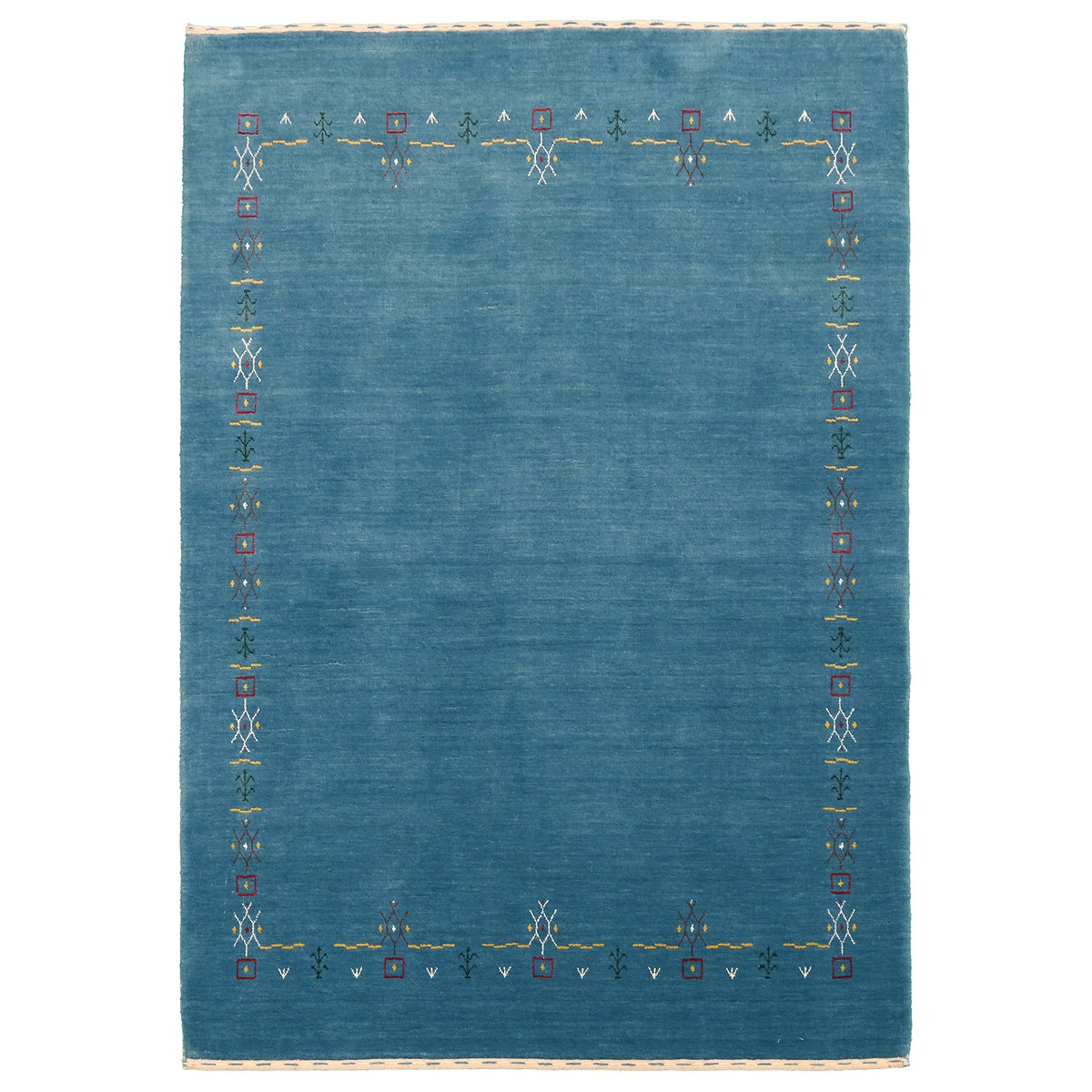 Full view of teal blue Hand Woven Loom Lori wool rug with spacious open centre and multicolour symbolic tribal border