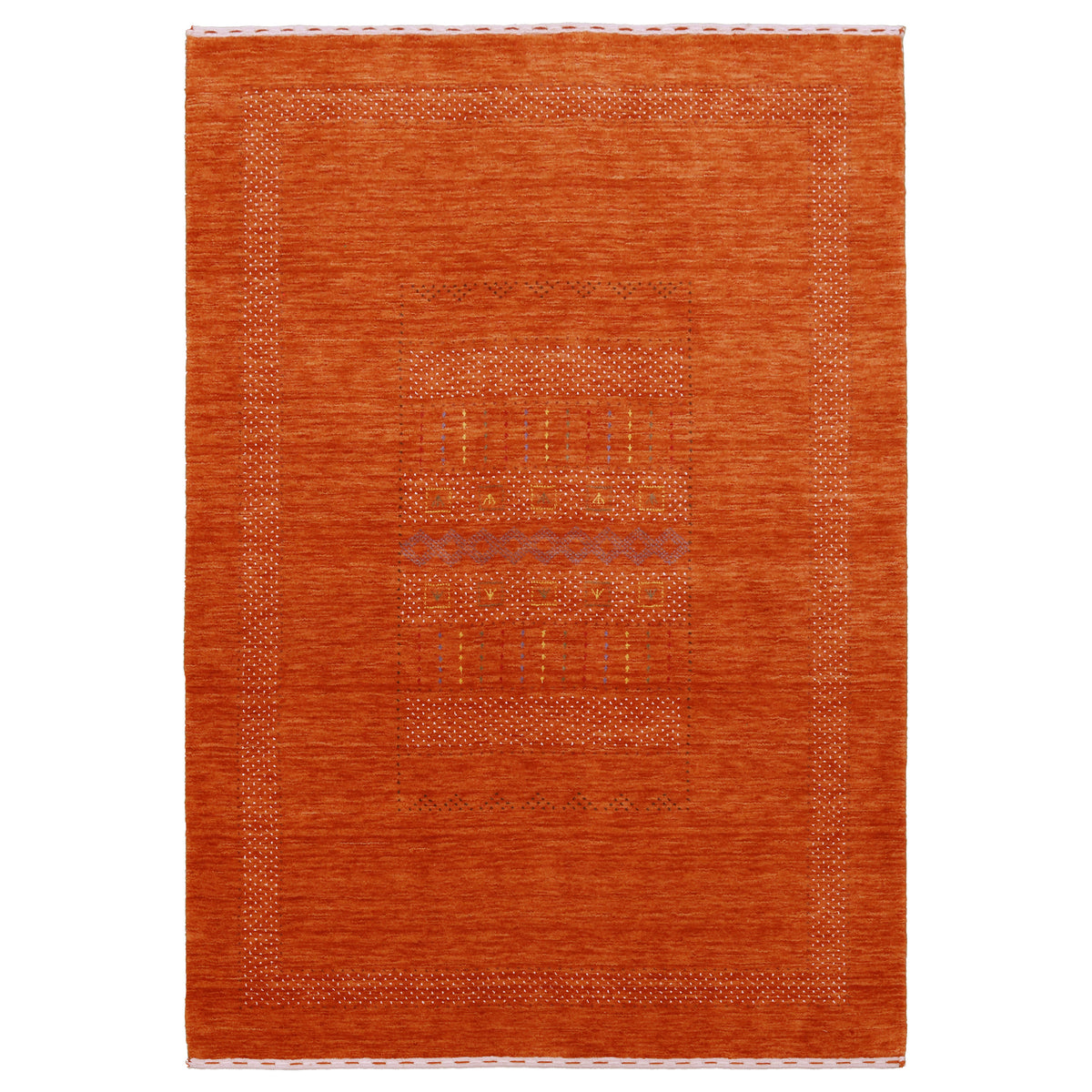 Full view of burnt orange Hand Woven Loom Lori wool rug with central geometric panel and finely dotted decorative border