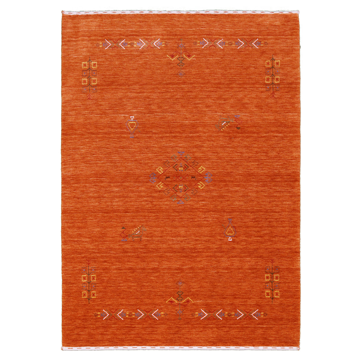 Full view of rust orange Hand Woven Loom Lori wool rug with central diamond medallion and geometric chevron folk motifs
