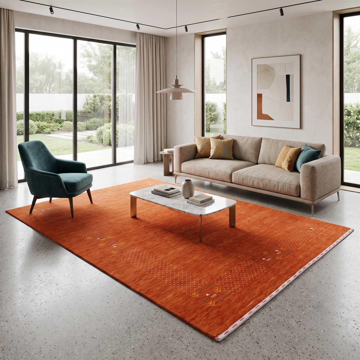 Terracotta orange Hand Woven Loom Lori wool rug with ivory dotted tribal border styled in a warm contemporary living room