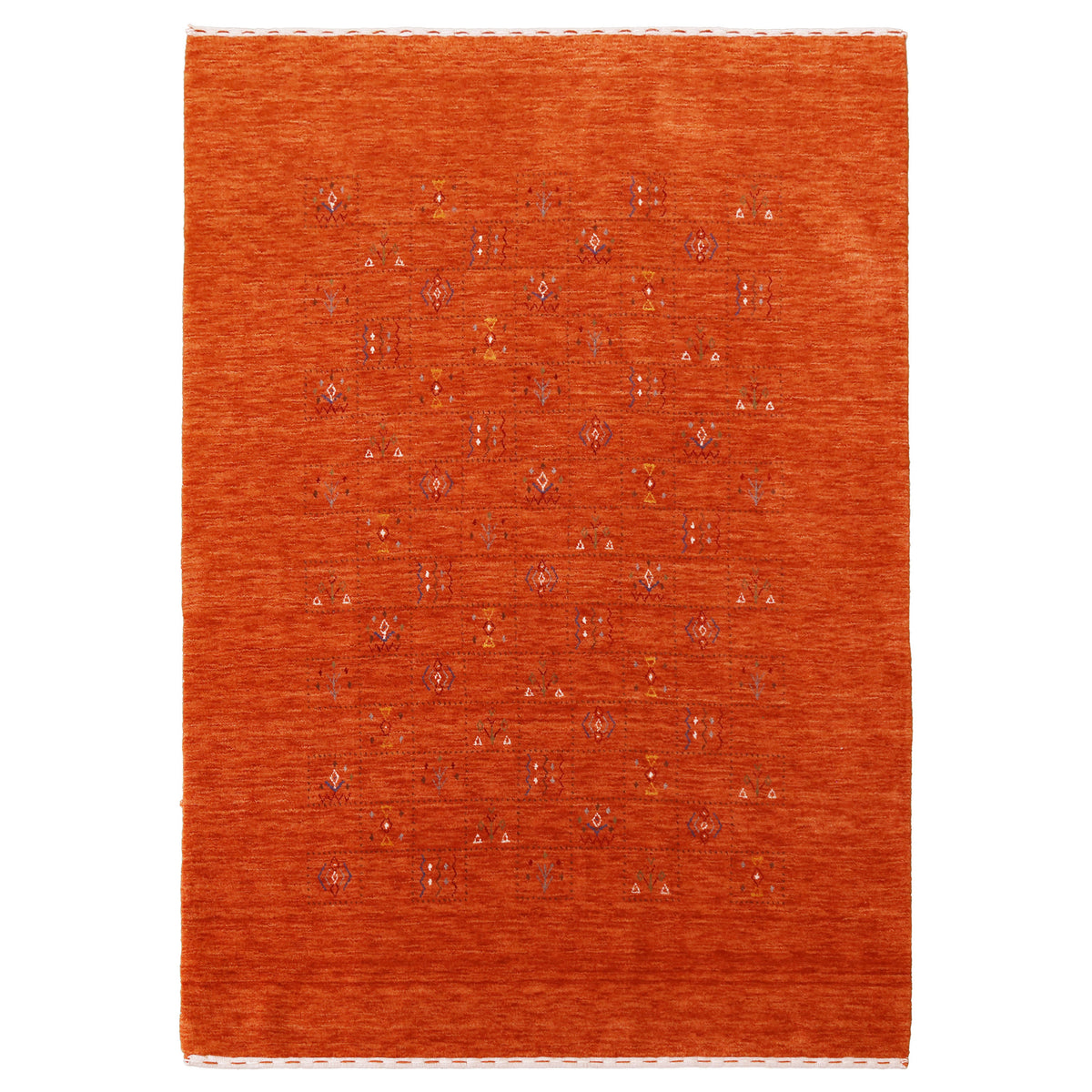 Full view of burnt orange Hand Woven Loom Lori wool rug with central diamond, botanical and geometric folk motifs