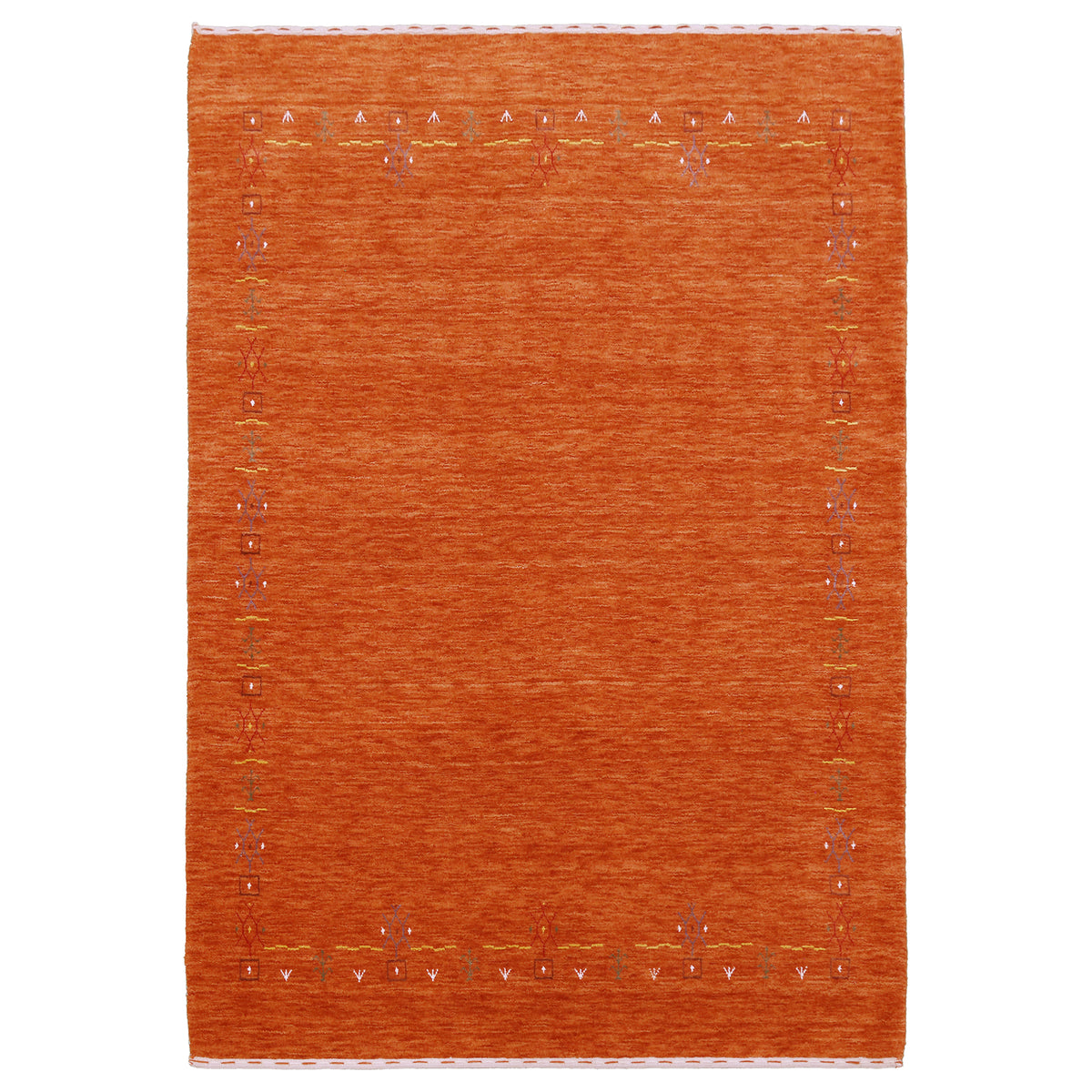 Full view of burnt orange Hand Woven Loom Lori wool rug with spacious open centre and multicolour tribal border motifs