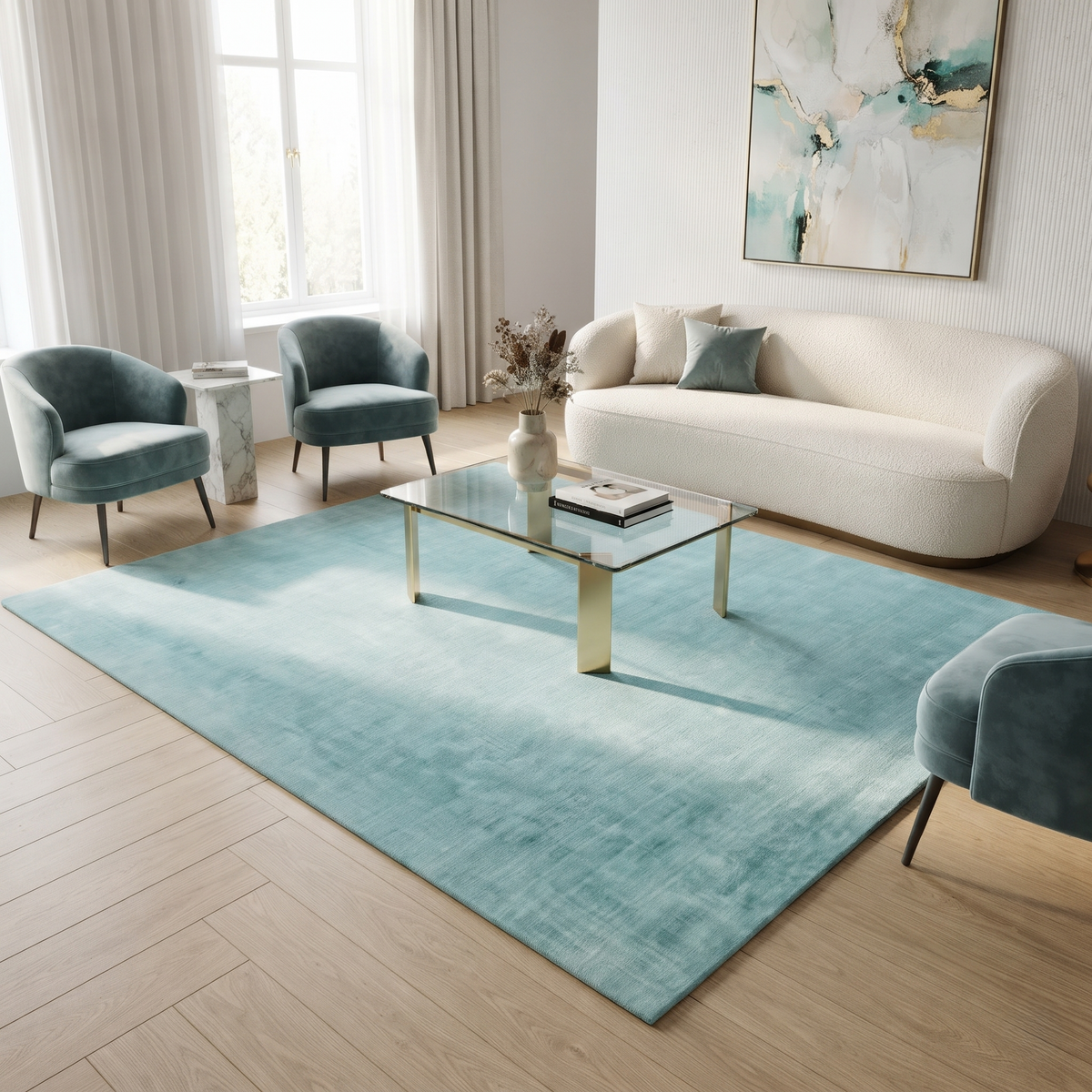 Turquoise hand woven Loom Lori wool rug styled in a bright modern living room with a cream curved sofa, teal accent chairs and a glass coffee table.