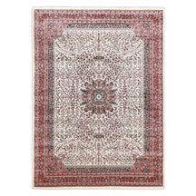 Full view of Ivory Machine Woven Classic Art Silk Rug with ornate floral medallion and rich red border
