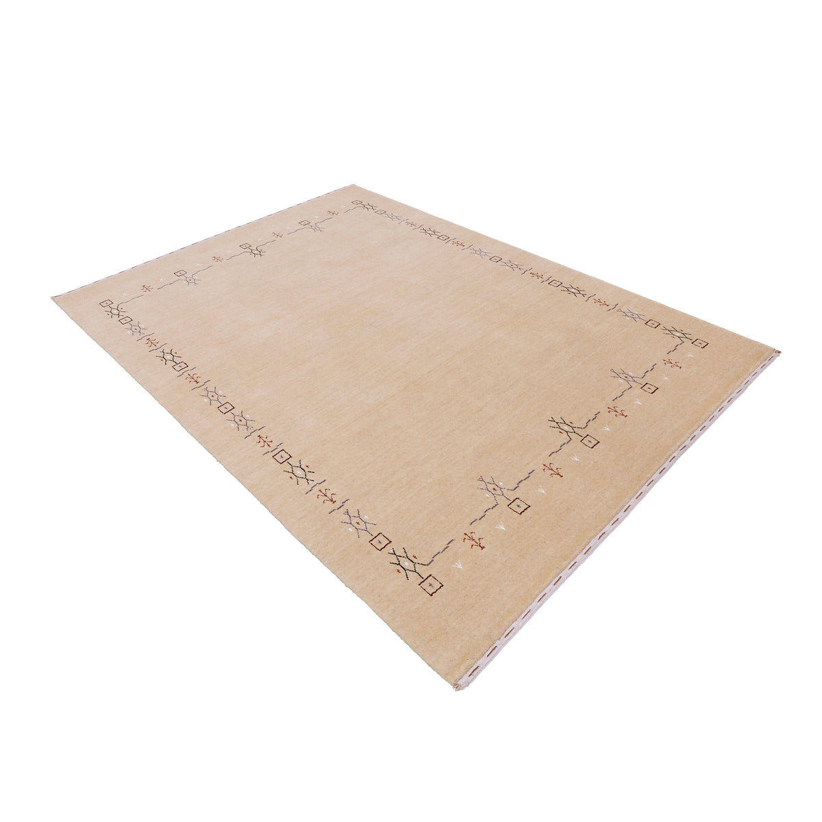 Side perspective of natural beige Hand Woven Loom Lori wool rug highlighting natural wool texture and refined tribal border design