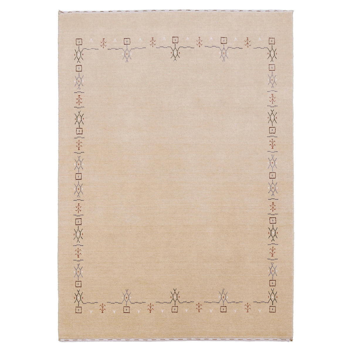Full view of natural beige Hand Woven Loom Lori wool rug with spacious open centre and delicate tribal border motifs