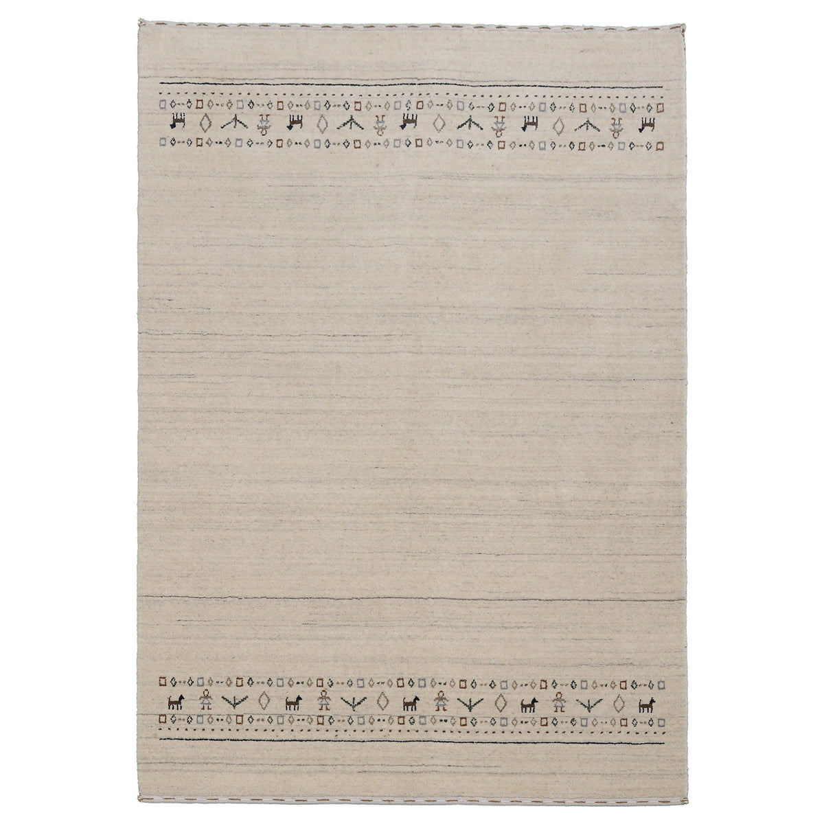 Full view of natural ivory Hand Woven Loom Lori wool rug with grey striations, spacious centre and symbolic tribal bands