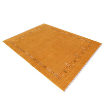 Side perspective of golden mustard Hand Woven Loom Lori wool rug highlighting natural wool texture and refined tribal border design