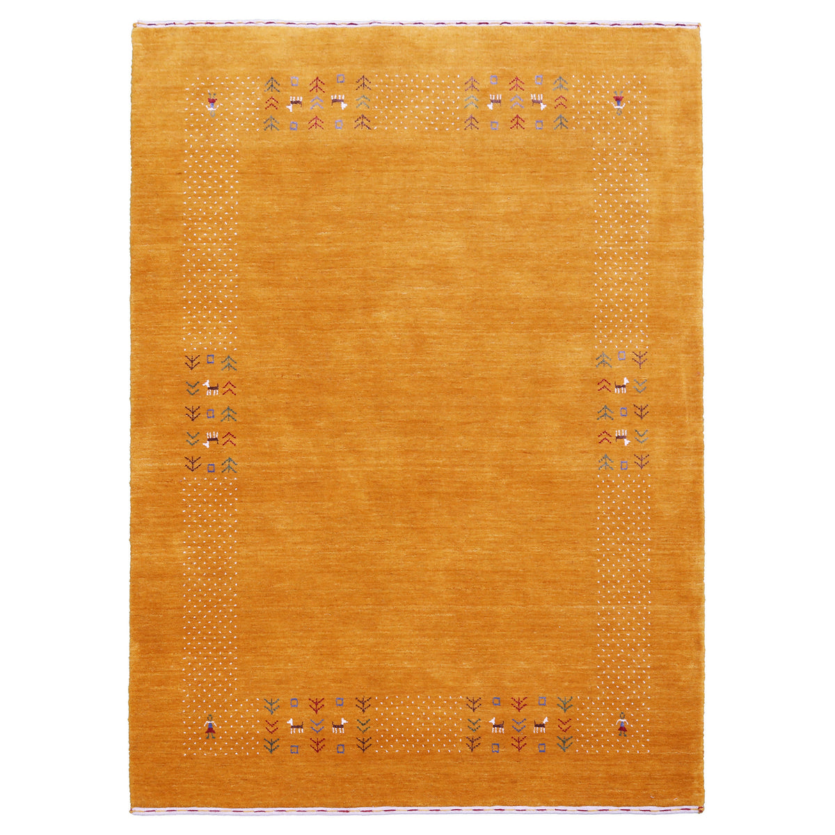 Full view of golden mustard Hand Woven Loom Lori wool rug with spacious centre and multicolour dotted tribal folk border
