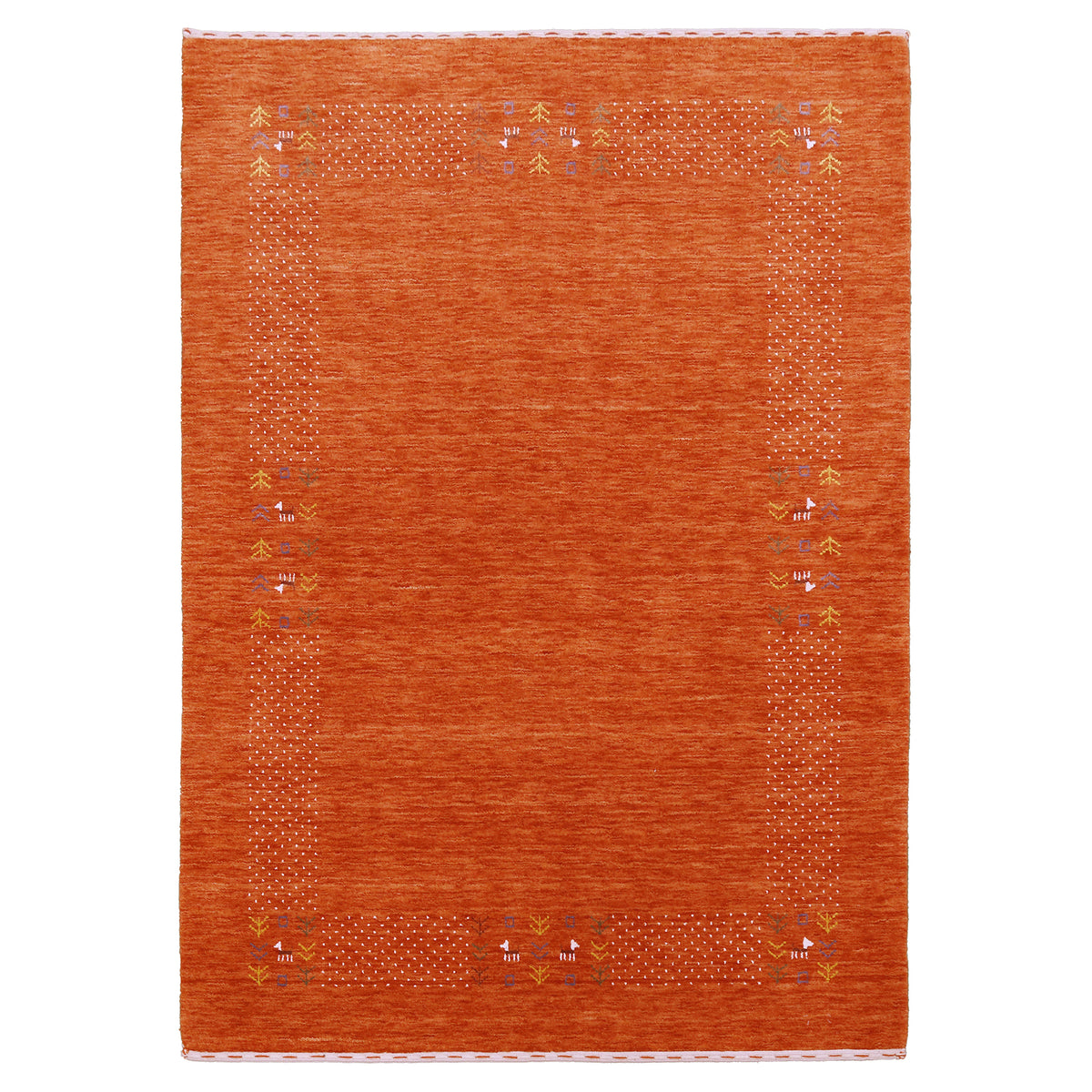 Full view of terracotta orange Hand Woven Loom Lori wool rug with spacious centre and decorative ivory dotted tribal border
